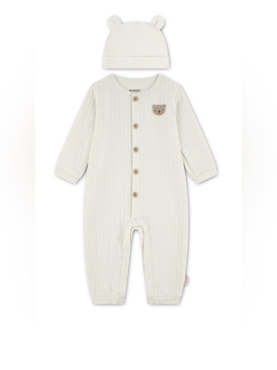 Huggies Other - Huggies Cozy Cream Ribbed One-Piece with Bear Appliqué and Beanie 6M NWT🍼